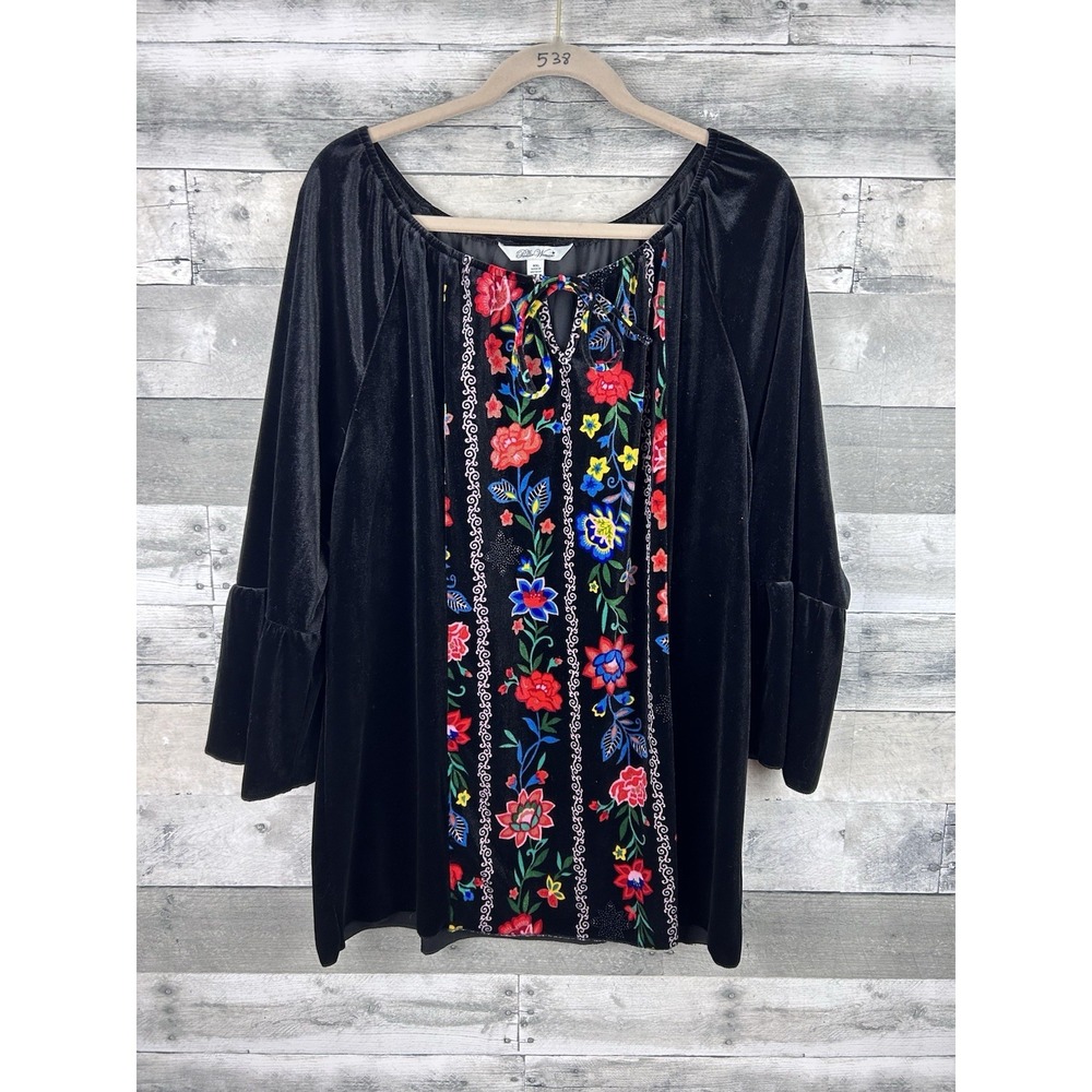 Pioneer Woman XXL Black Velour Floral Long Bell Sleeve Blouse